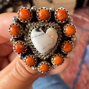 Sterling Silver White Buffalo and Orange Mojave Heart Ring